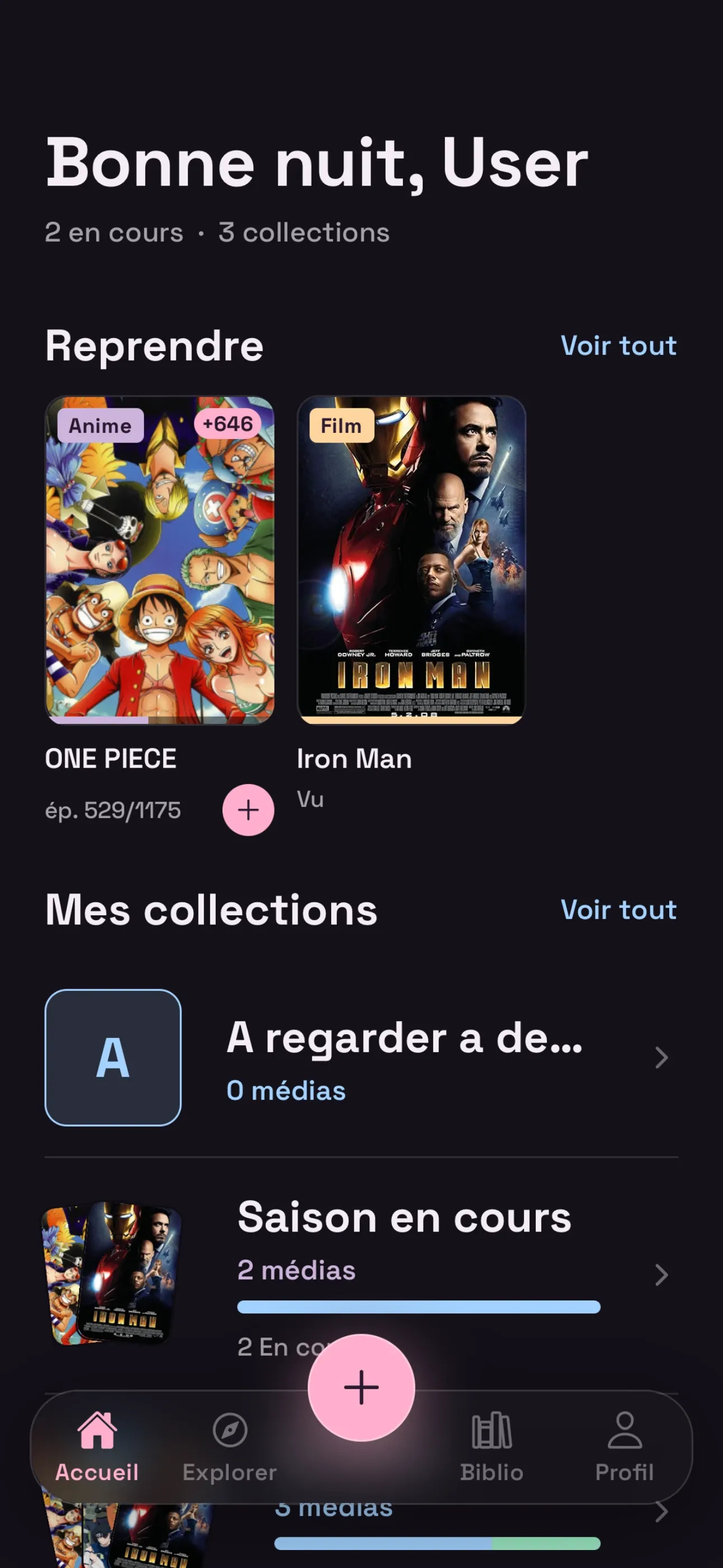 L'écran d'accueil de Trackr, avec les séries à reprendre et leur progression